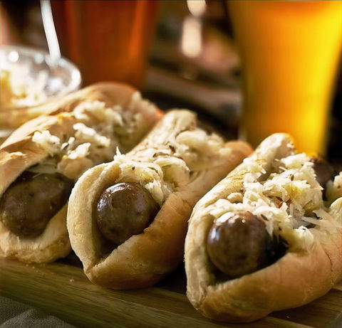 Mettwurst on a bun with sauerkraut at Prost Bellevue Tavern in NKY