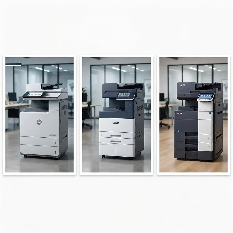 Studio photography of three different commercial office printers displayed side-by-side. The printers are positioned in front of a modern, blurred office background.