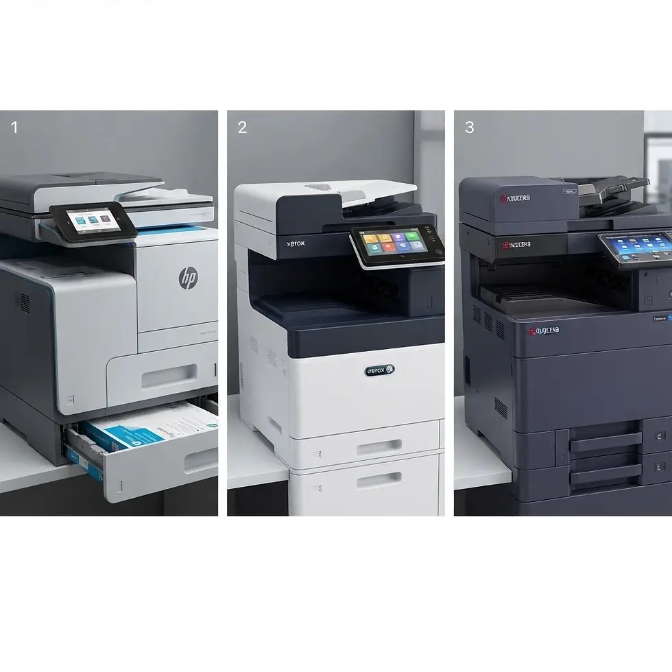 Studio photography of three different multifunction office printers side-by-side. The image presents a clean and professional comparison of varied office equipment models.