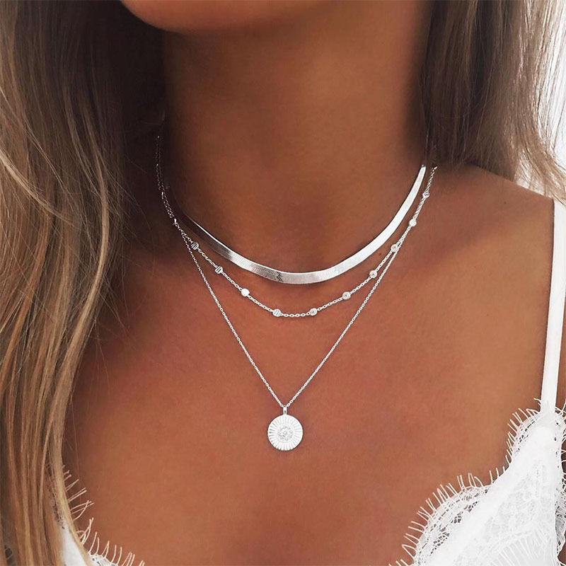 Thumbnail: Fashion Flat Snake Chain With Three Layer Coin Disc Pendant Necklace For Women J