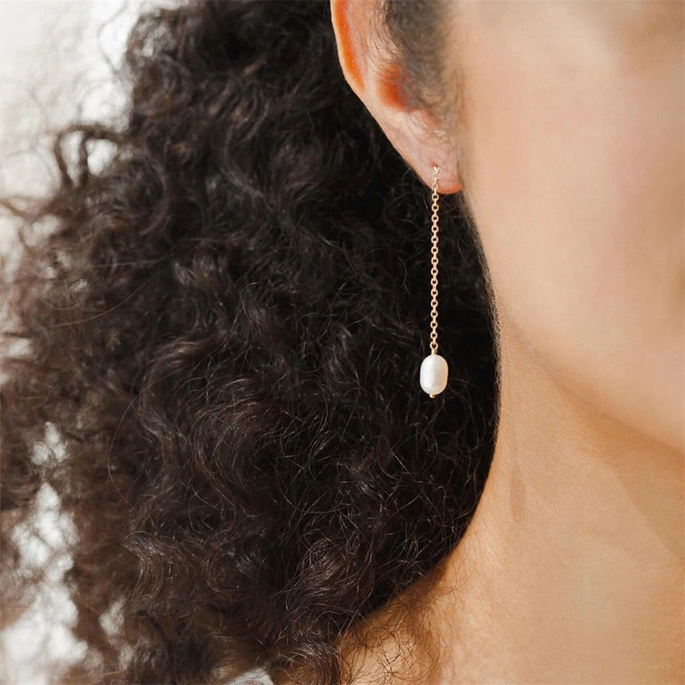 Thumbnail: eManco Elegant Minimalist Irregular Freshwater Pearl Chain Dangle Earrings Stain