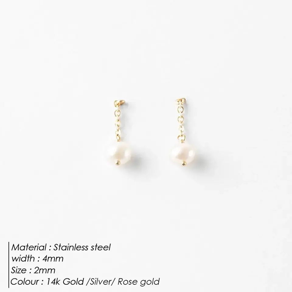 Thumbnail: eManco Elegant Minimalist Irregular Freshwater Pearl Chain Dangle Earrings Stain