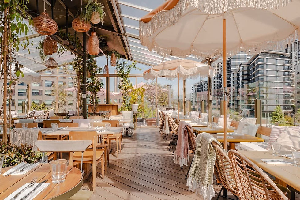 Sunlit rooftop restaurant patio with wicker chairs, fringed umbrellas, potted plants, and city towers beyond, empty and calm.