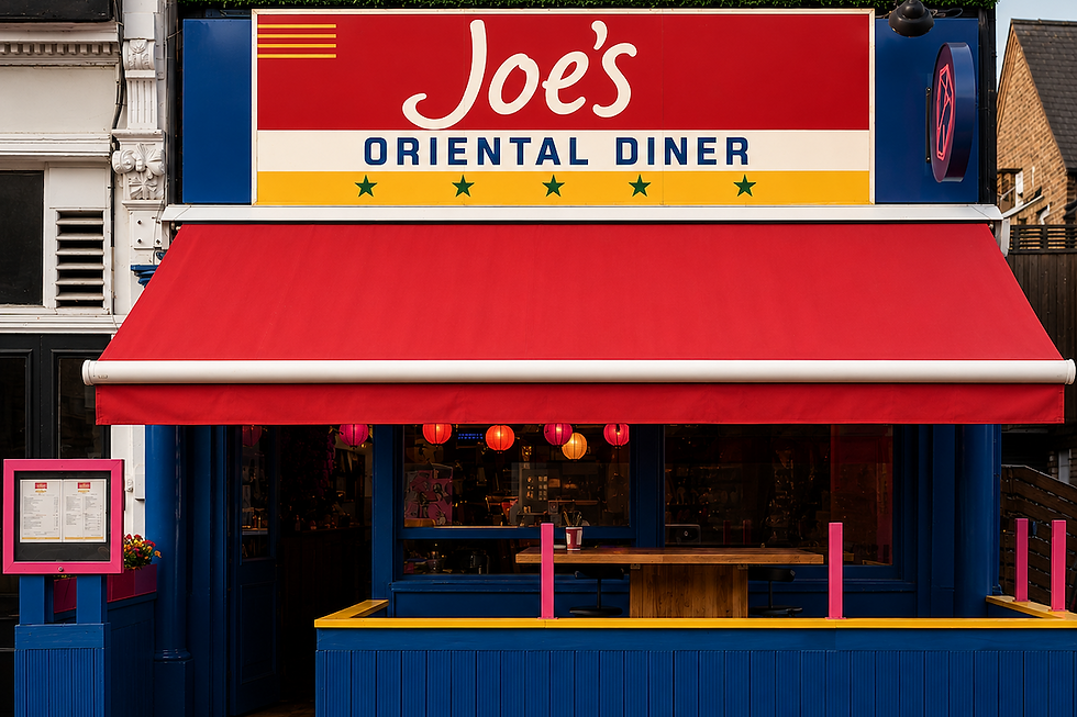 Colorful Joe’s Oriental Diner storefront with red awning, blue trim, and hanging lanterns under the sign.