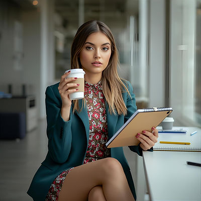 STYLISH GIRL IN PROFESSIONAL SKIRT AND BLAZER HOLDING A COFFEE AND NOTEPAD. IN HAND COLORF