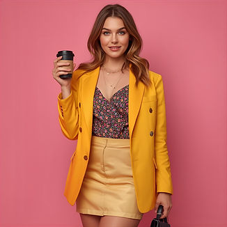 STYLISH GIRL IN PROFESSIONAL SKIRT AND BLAZER HOLDING A COFFEE AND NOTEPAD. IN HAND COLORF