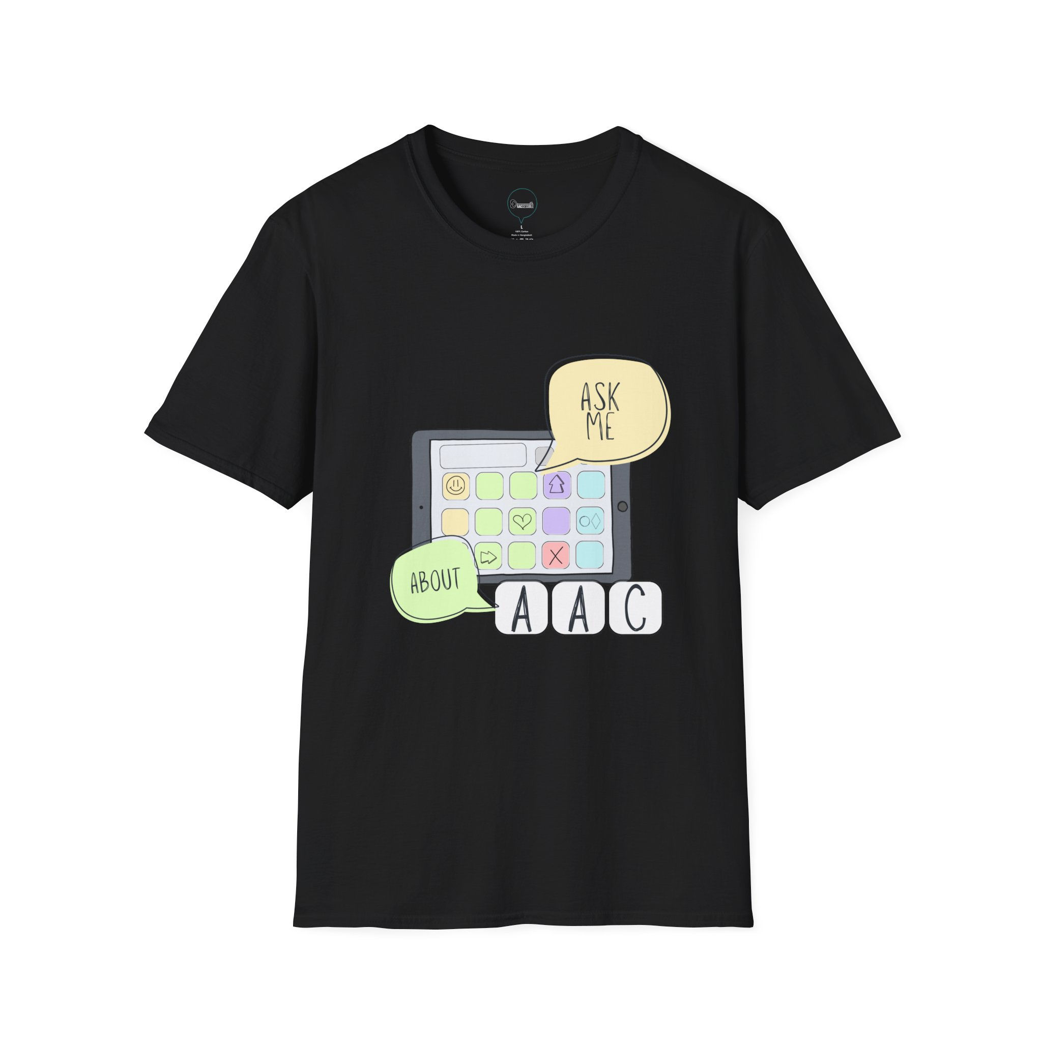 "Ask Me About AAC"- Adult Unisex Super Soft T-Shirt - Dark with Pastel Graphic