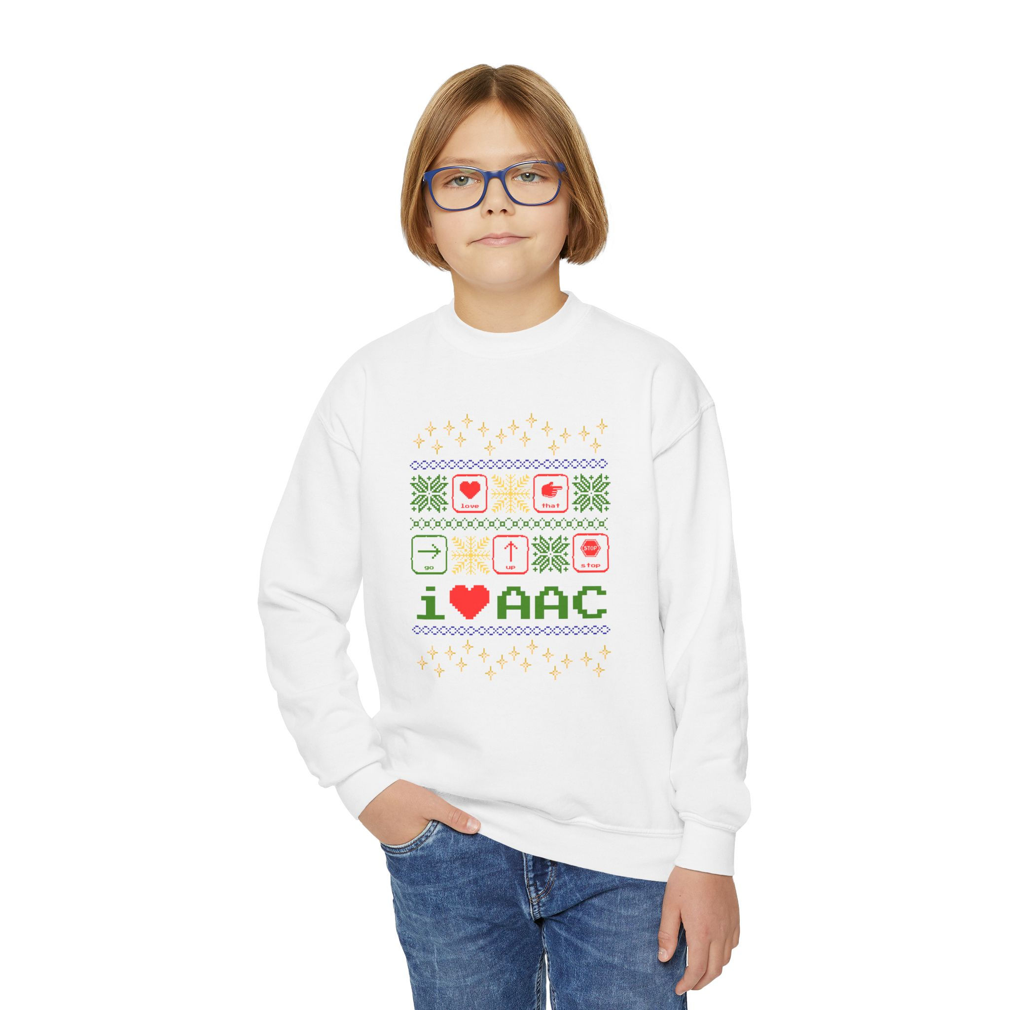 "I Heart AAC" Ugly Christmas Sweater - Youth Unisex Crewneck Sweatshirt