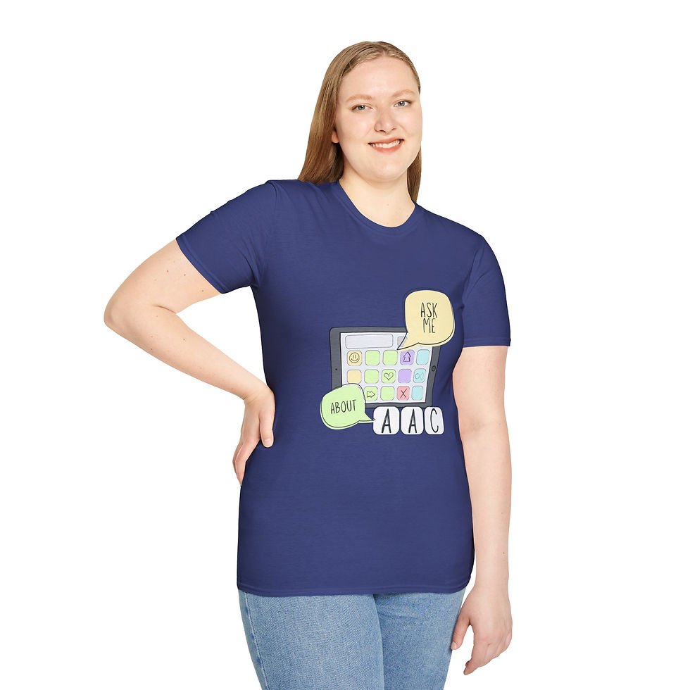 Thumbnail: "Ask Me About AAC"- Adult Unisex Super Soft T-Shirt - Dark with Pastel Graphic