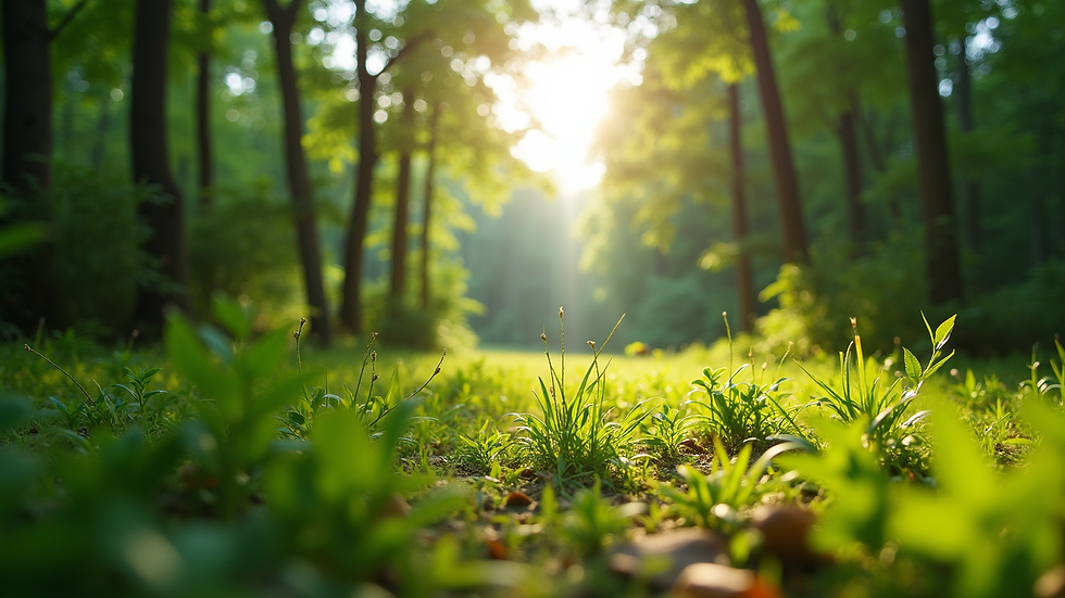 Eye-level view of a lush green forest with sunlight filtering through the trees