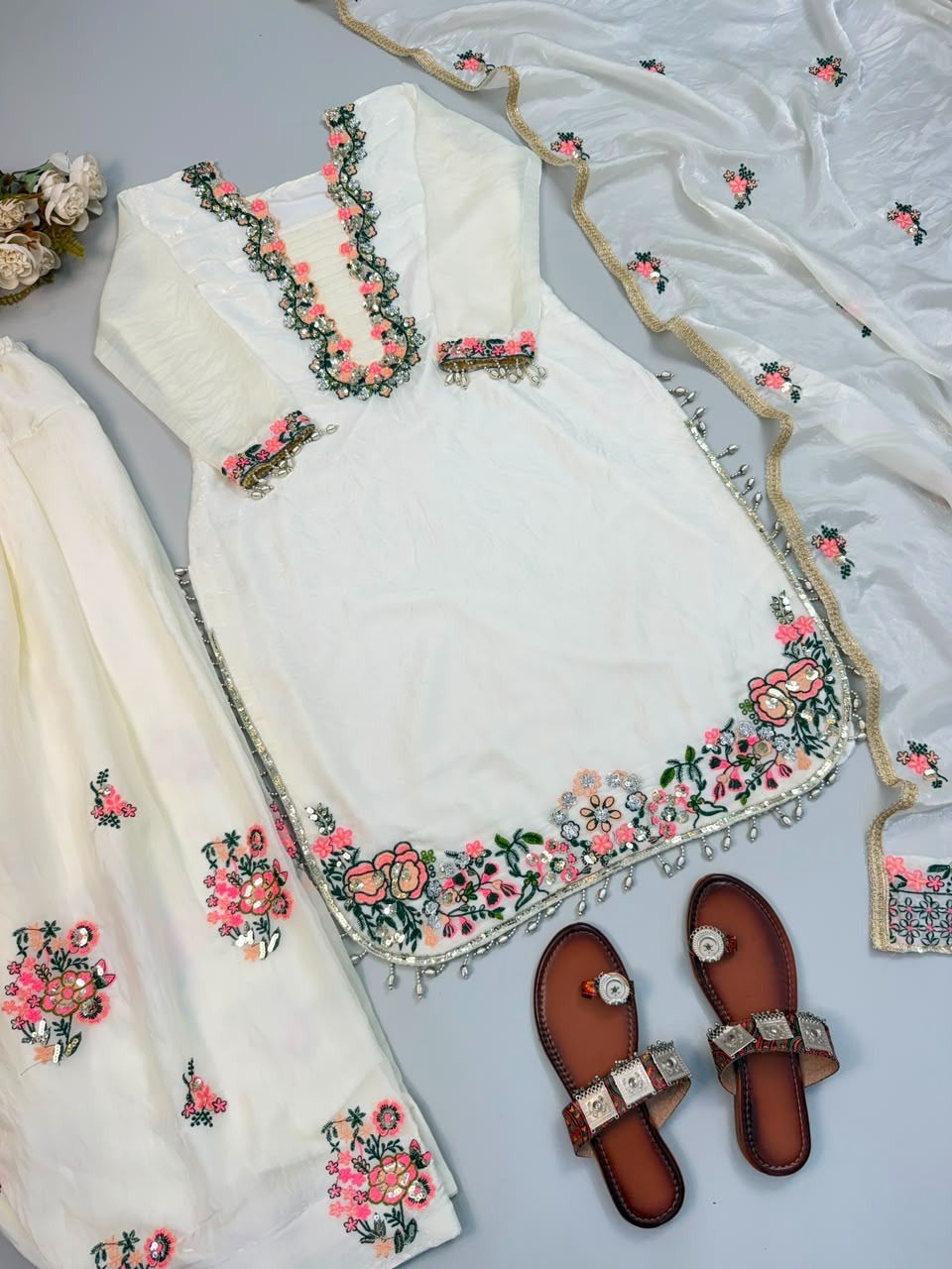 Thumbnail: Đěsigner Party Wear Look Pur Fendi Silk Top & Farshi Palazzo With Dupatta set