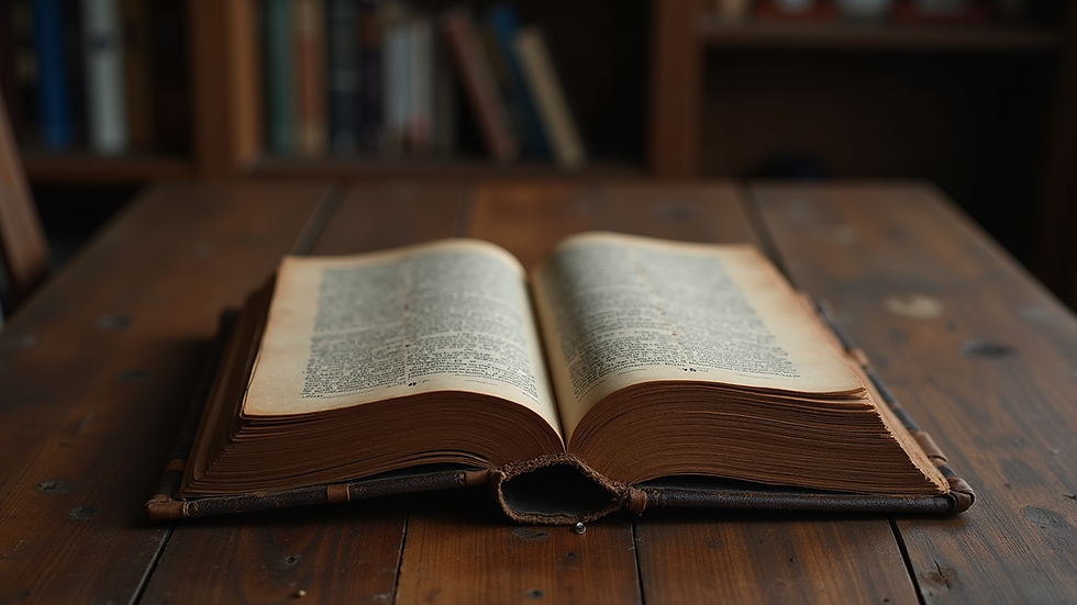 Eye-level view of an ancient leather-bound book resting on a dark wooden table