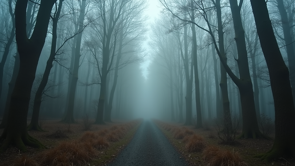 Eye-level view of a mist-covered ancient forest path