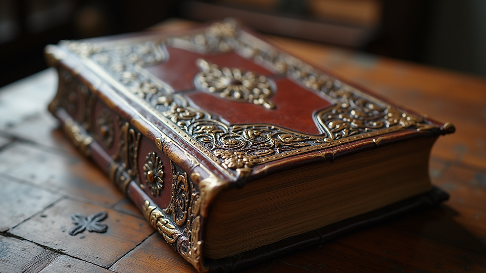 Close-up view of an ancient, leather-bound book with intricate embossed designs