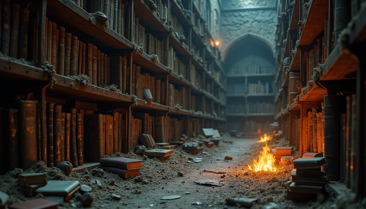 Eye-level view of a dimly lit ancient archive filled with dusty books and glowing runes