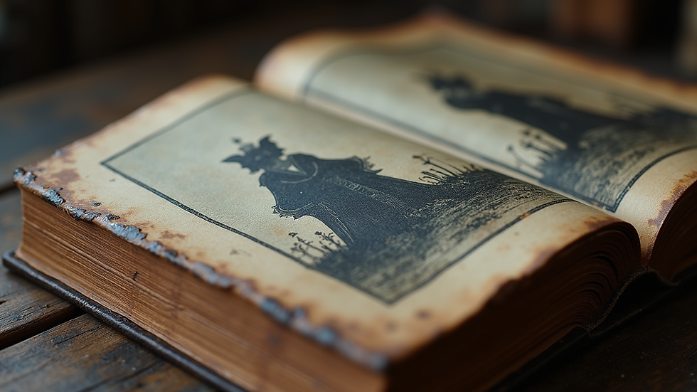 Close-up view of an ancient, weathered book with dark fantasy illustrations