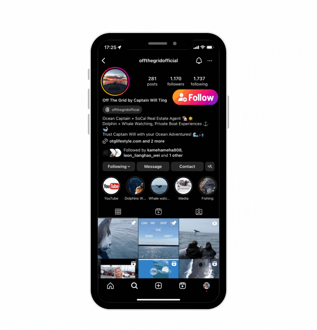 Off The Grid Ocean Adventures Instagram profile displayed on a smartphone with a follow button highlighted.