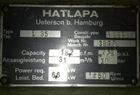 HATLAPA L35 Capacity -18.2 c.f.m. 428psi 31m3/hr 30bar power 6.6kw 1450rpm work no 38328 date1983 mo