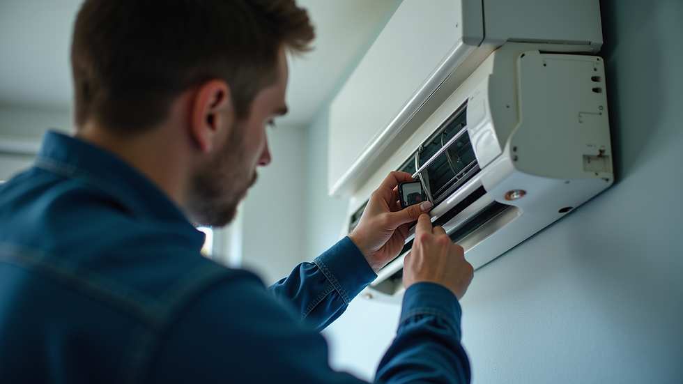 Eye-level view of a technician inspecting an indoor air conditioning unit