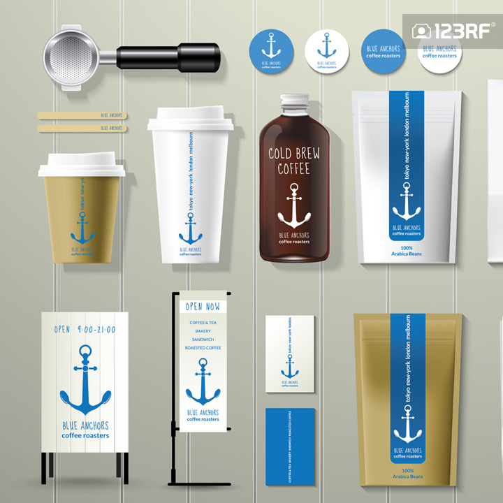 Vector - Blue anchors coffee shop corporate identity template design set on wood background