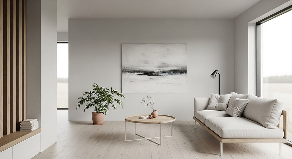 Minimalist aesthetic living room with neutral sofa, abstract artwork and potted plant
