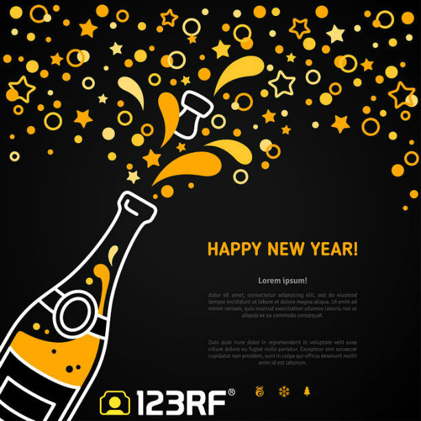 happy new year 2016 greeting card or poster design with minimalistic line flat champagne explosion bottle and place for your text message. vector illustration. stars and particles foam splash.