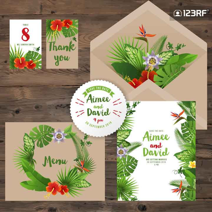 Vector - wedding invitation cards with tropical plants and flowers