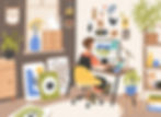 vector illustration art of a designer in her creative workspace working from home