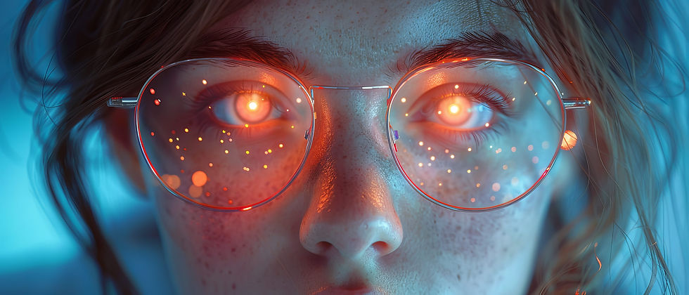 A woman with laser eyes looking through her glasses