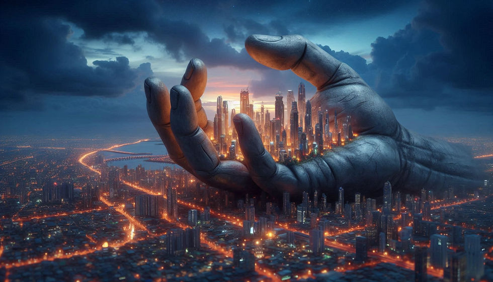A giant hand holding a tiny city made by ai image generator @ 123RF