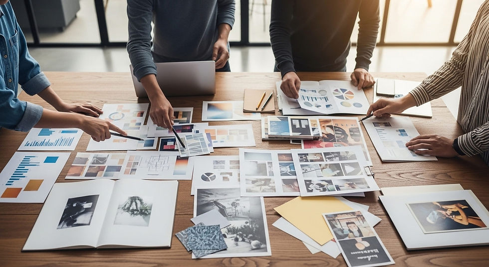 Creative team reviewing printed visuals, mood boards, and charts while planning a campaign