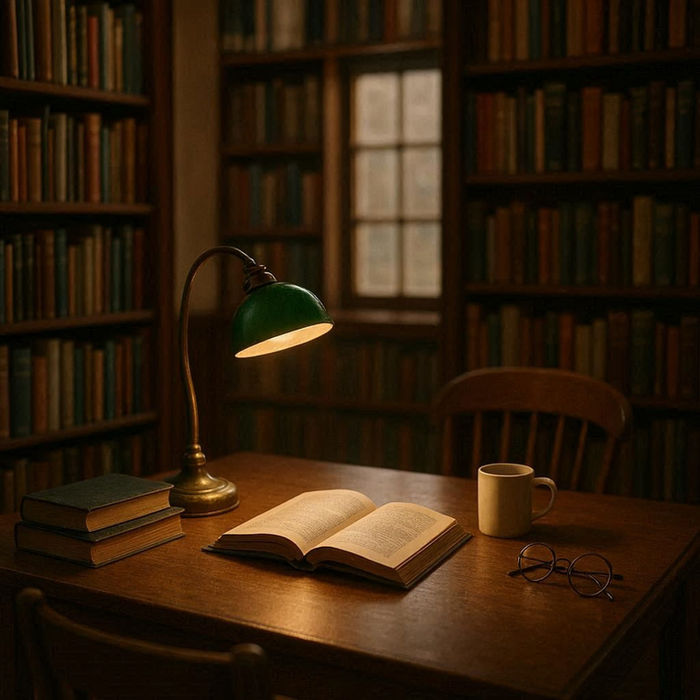 Open book, mug and green glass banker's lamp glowing on a library table