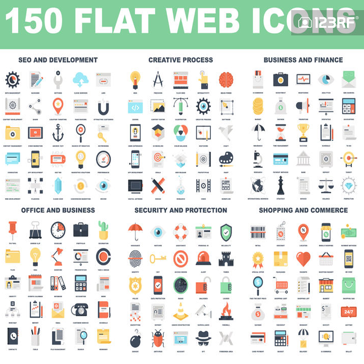 Vector - Vector set of 150 flat web icons on following themes - SEO and development, creative process, business and finance, office and business, security and protection, shopping and commerce