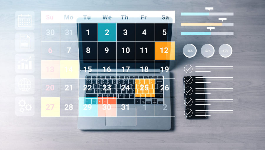 A laptop overlaid with a content calendar, scheduling checklist, and performance charts representing multi-platform publishing and reporting