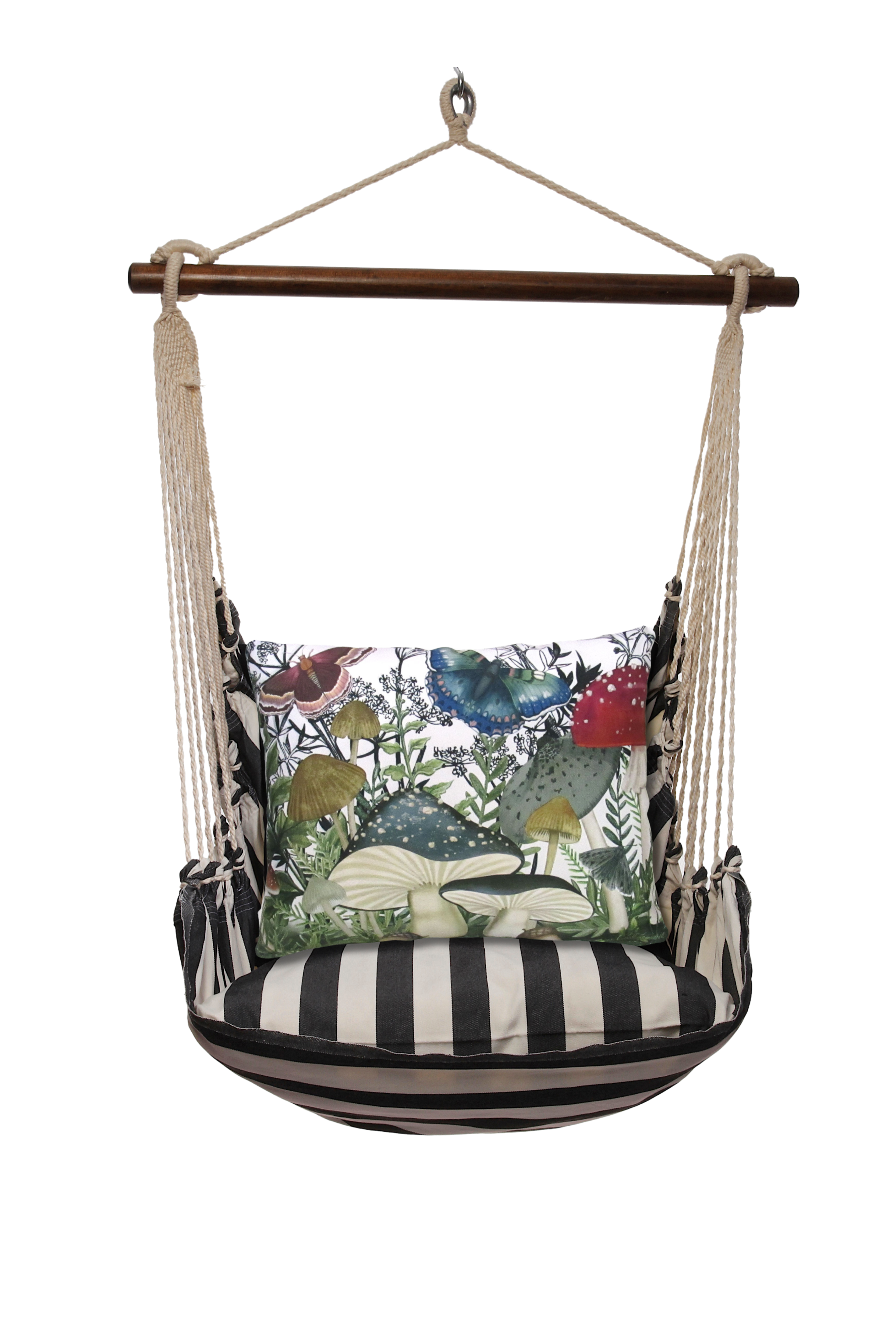 Hammock Swing 4-piece Set - True Black Stripe with Botanic Mushrooms pillow