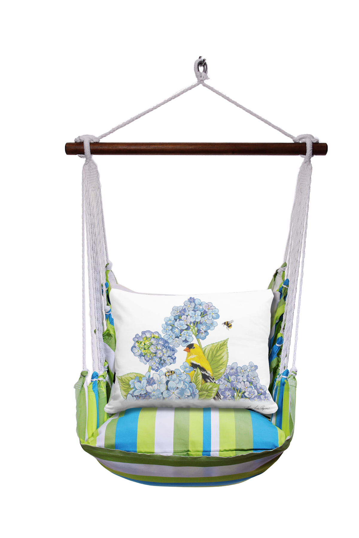 Hammock Swing 4-piece Set - Beach Boulevard Stripe w/ Yellow Bird w/ Hydrangeas