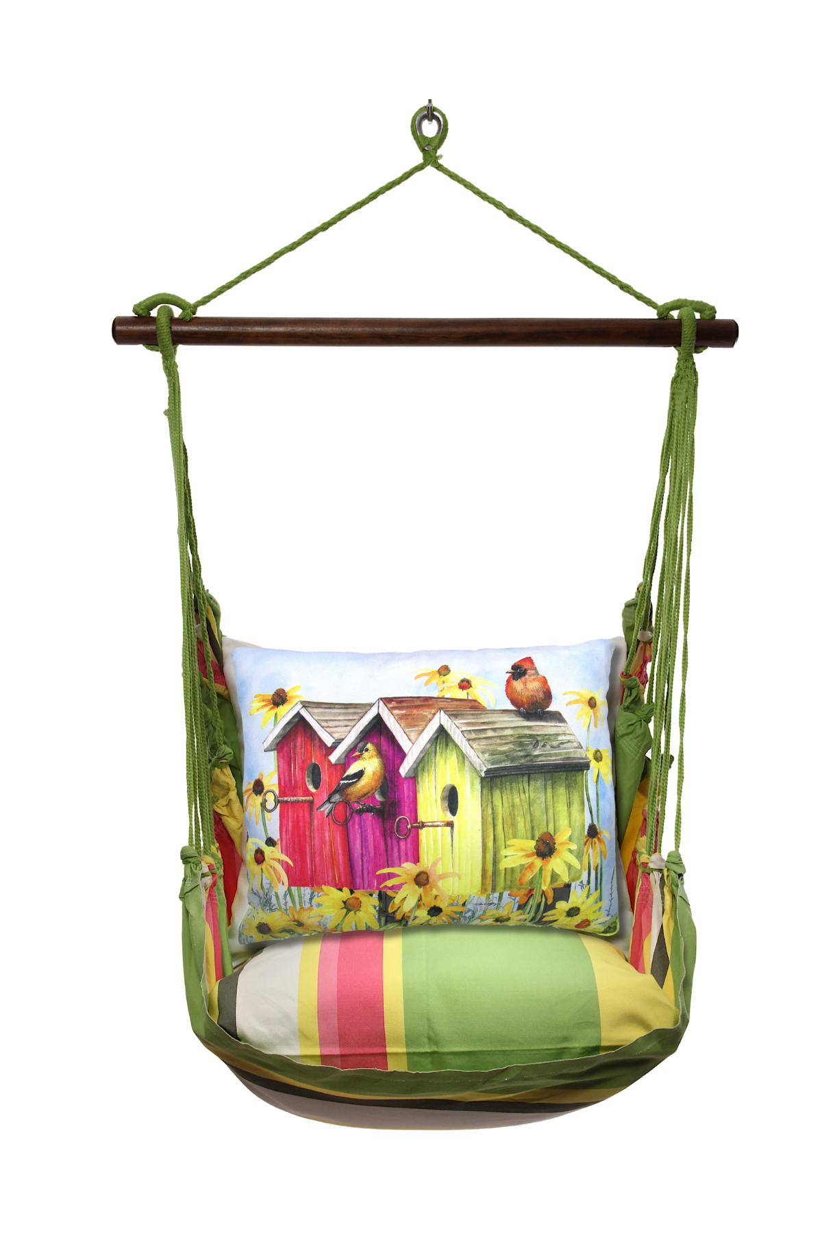 Hammock Swing 4-piece Set - Fresh Lime Stripe w/ 3 Birdhouses pillow
