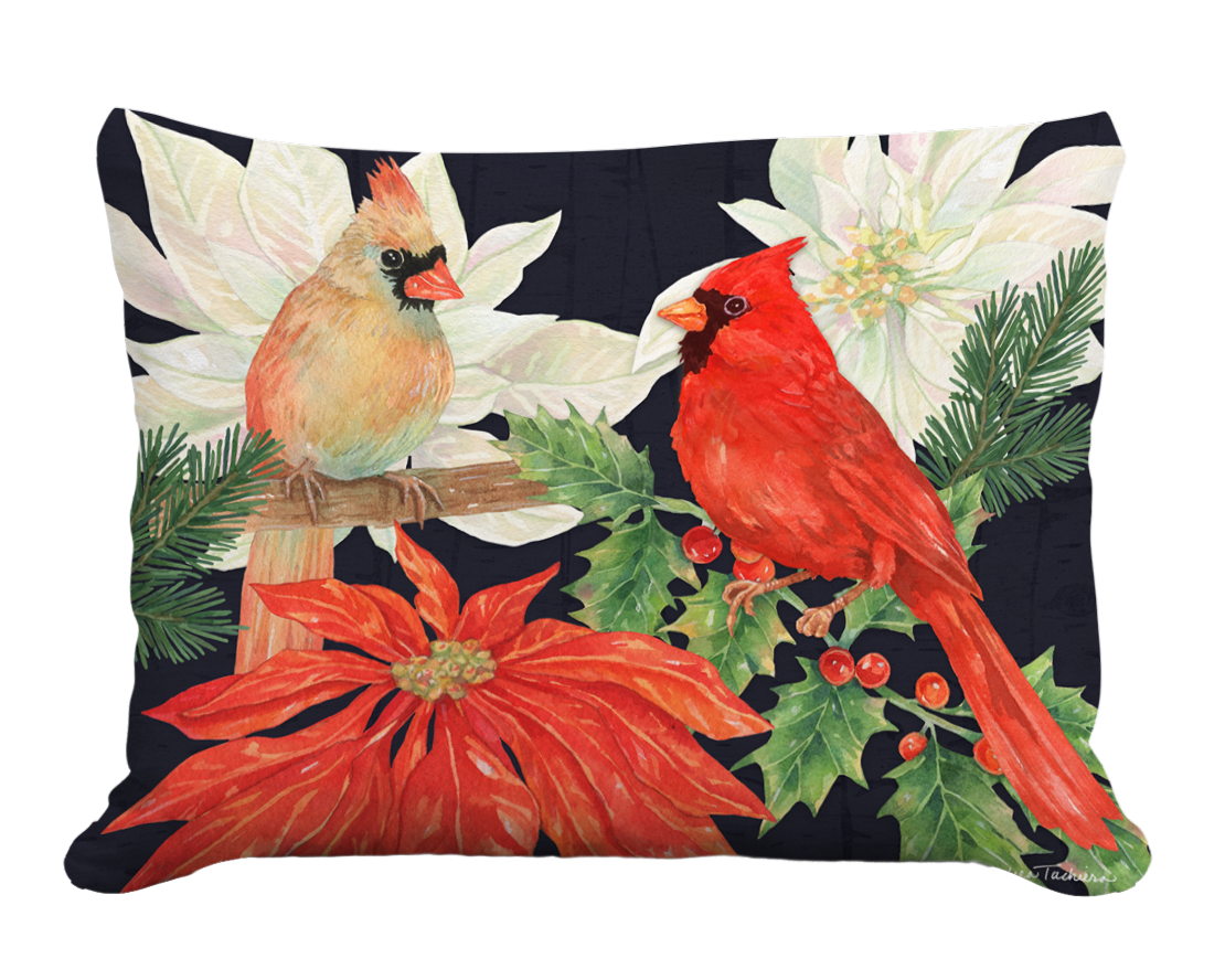 Pillow - Cardinal Pair on Poinsettias