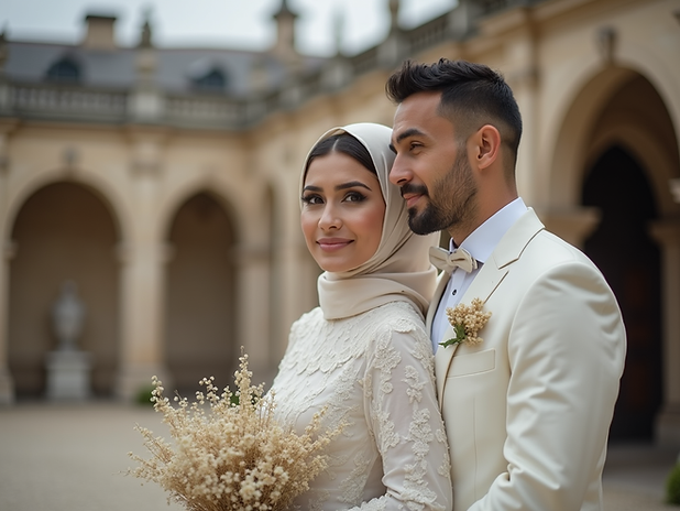 muslim couple wedding outfit french city hall celebration elegant.png