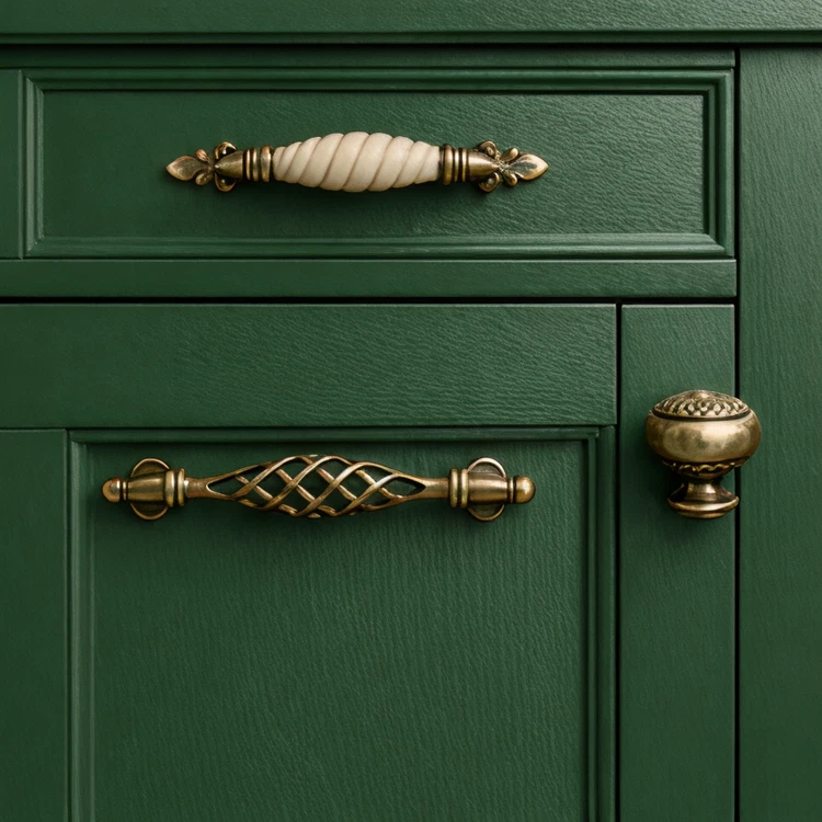 Ornate brass handles and knob on green kitchen cabinets