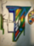 Abstract art with geometric shapes and a paint palette, colorful design.