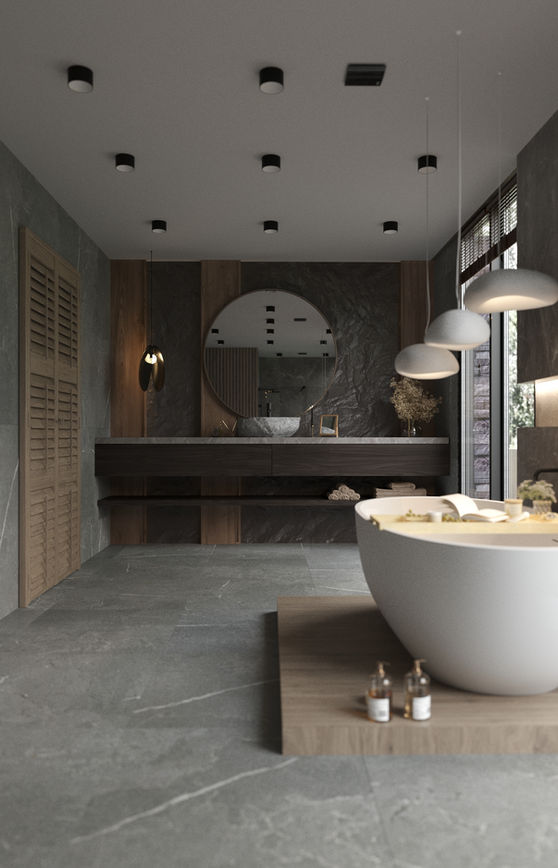 Modern bathroom design with a large tub, mirror, and Legourmet Kitchen