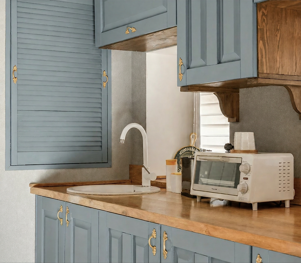 Modern kitchen with blue cabinetry and wooden countertops.