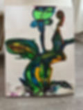 Abstract art of a green, blue, and yellow creature, Vous.