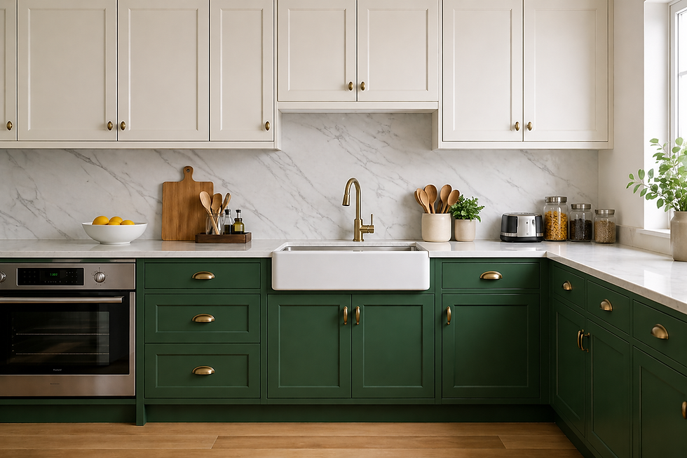 Modern kitchen with green lower and white upper cabinets.