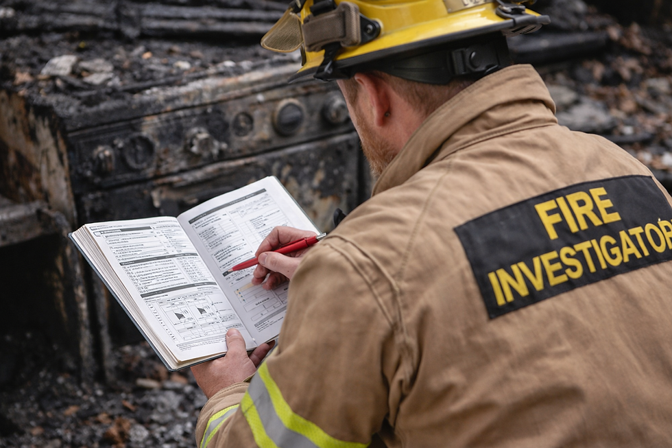 Fire investigator, FIRE INVESTIGATOR, examining notes at a burnt scene.