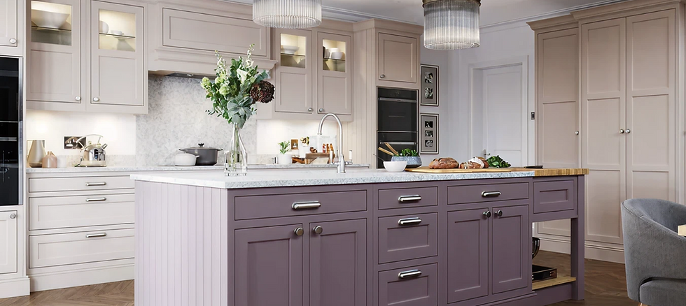 Modern kitchen island with purple cabinets and white counters