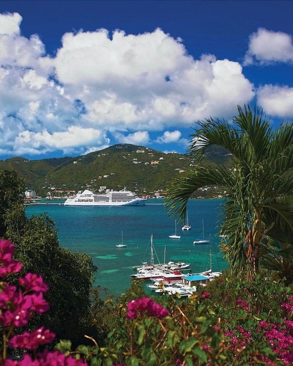 Scenic view featuring a cruise ship, Silversea, and boats near lush green hills