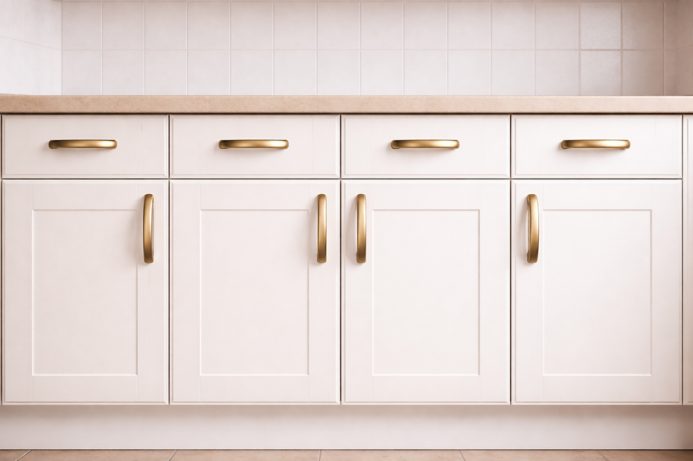 White shaker cabinets with brass hardware handles