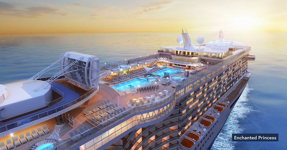 Enchanted Princess cruise ship sailing on the ocean with pools; Petergoordtravel